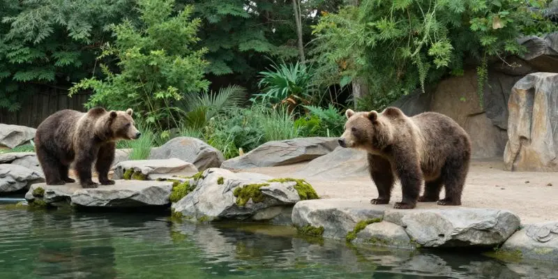 Top 10 Largest Zoos In The Us – See The Biggest Animal Parks Grizzly bear near water in a natural forest habitat at brookfield zoo