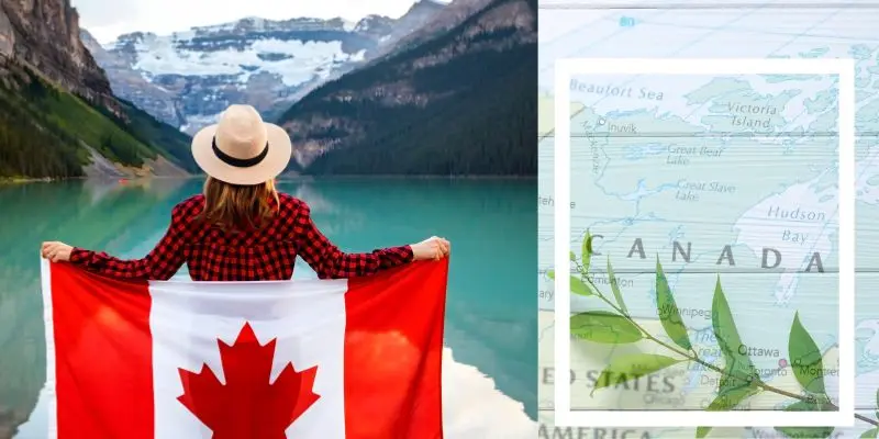Traveler with a canadian flag overlooking the ocean and mountain landscape in canada.
