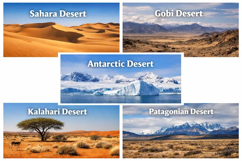 Top 10 Largest Deserts In The World Ranked By Size (2026) Famous deserts around the world like sahara,gobi,antarctic,kalahari and patagonian deserts.