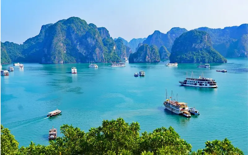 Ha long bay limestone islands and cruise boat