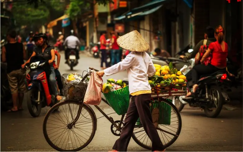 Hanoi old quarter street scene in vietnam