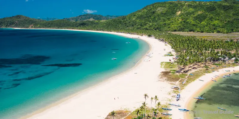 Nacpan beach in the philippines with long stretch of golden sand and palm trees