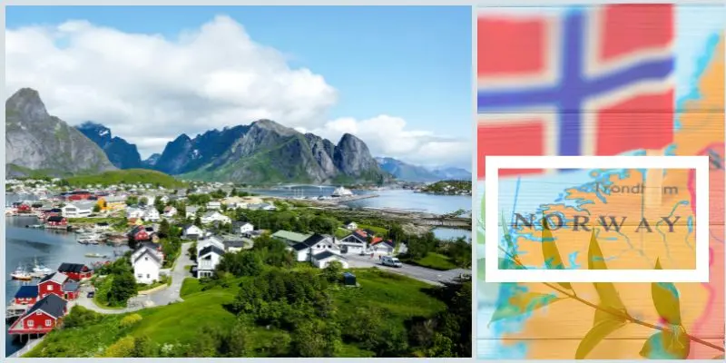Small homes at the base of mountains in a peaceful norwegian landscape.