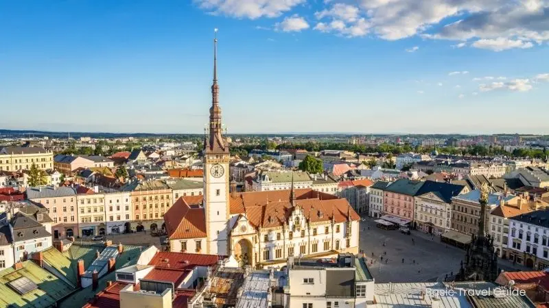 Olomouc historic city center in the czech republic with colorful buildings and church towers