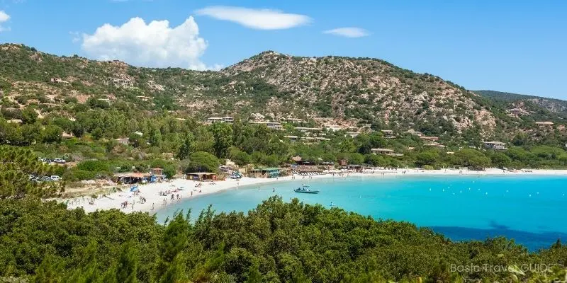 Palombaggia beach, corsica in france with turquoise water and white sand