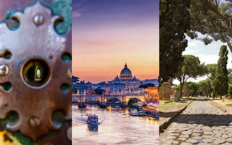 Rome’s hidden gems including view of st. Peter’s basilica dome through the aventine keyhole in rome and ancient appian way road with roman ruins near rome italy