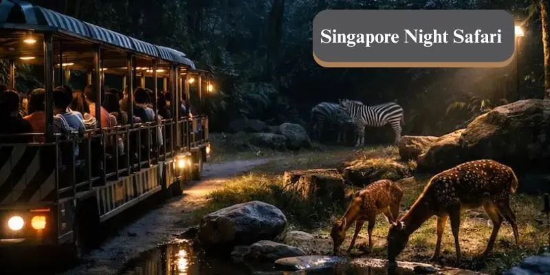Tram ride through night safari singapore showing animals at night