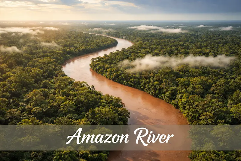 Aerial view of the amazon river winding through dense rainforest in south america, the largest river by volume.