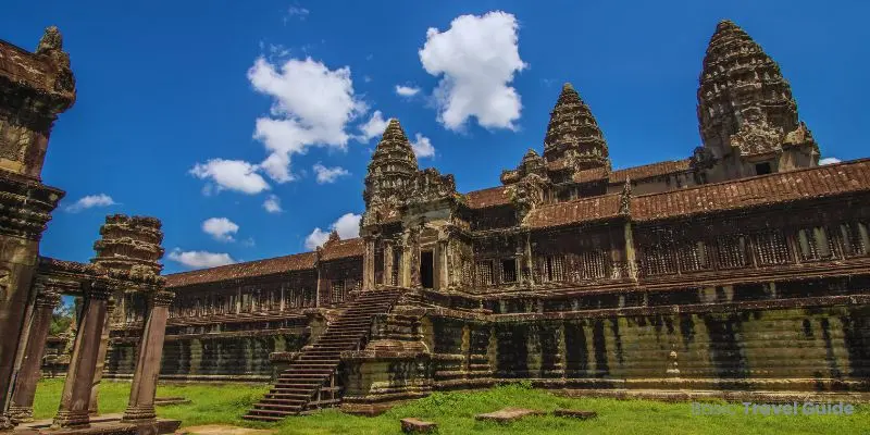Panoramic view of angkor wat in cambodia surrounded by forest