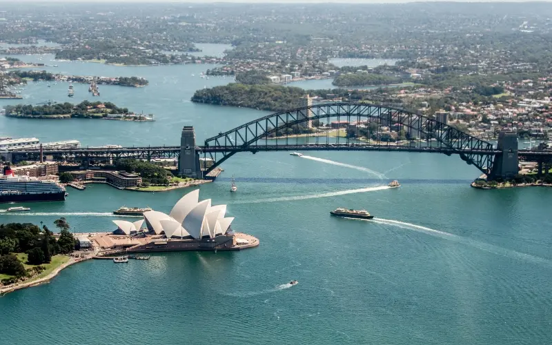Sydney harbour and opera house during australian summer