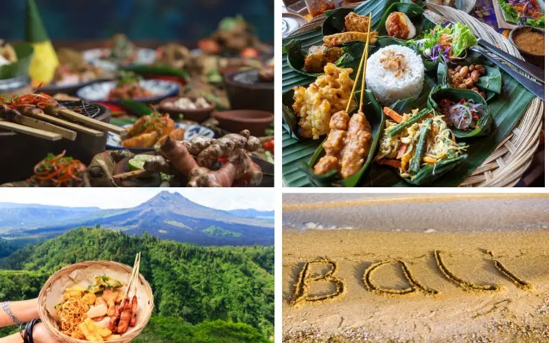 Traditional balinese food including nasi campur and local indonesian dishes
