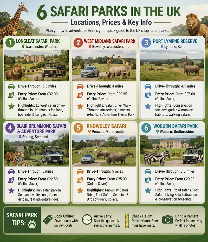 A infographic comparison chart for best safari parks in the uk