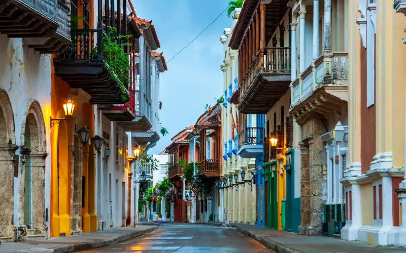 Colonial streets inside cartagena's walled city in colombia