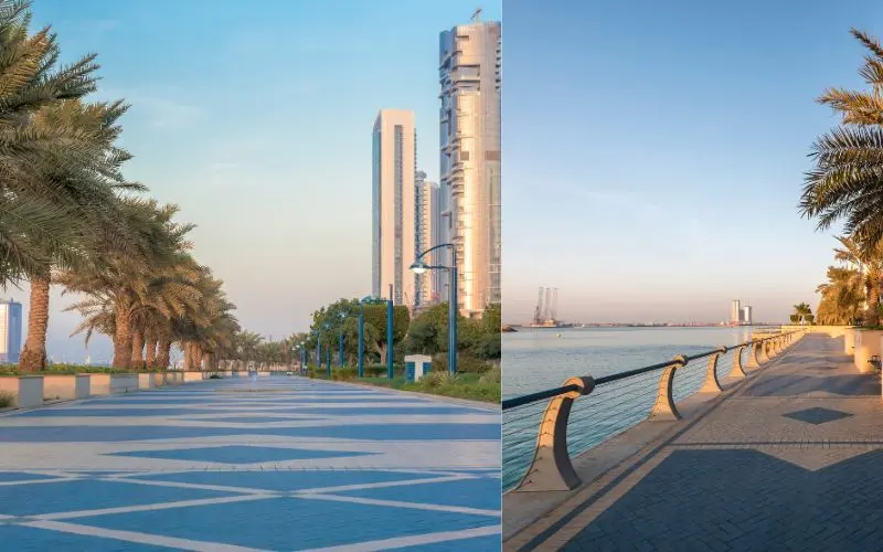 Abu dhabi corniche waterfront beach skyline promenade