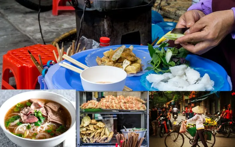 Street food stalls in hanoi serving pho and bun cha in old quarter vietnam