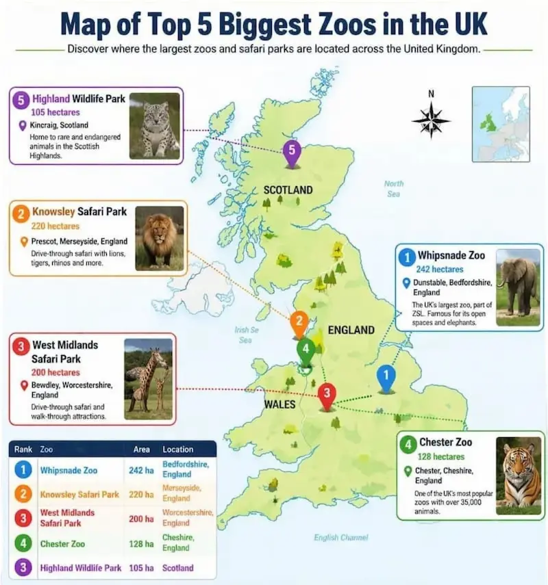 Top 5 largest zoos in the uk premium map with location,area and animal icons