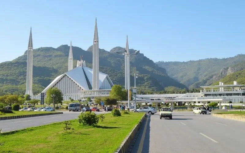 Faisal mosque with margalla hills in islamabad