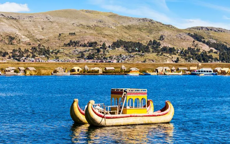 Lake titicaca in peru with traditional floating islands