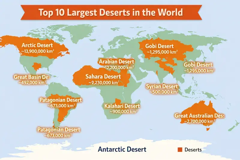 Top 10 Largest Deserts In The World Ranked By Size (2026) Largest deserts in the world map with names and locations including arctic and sahara