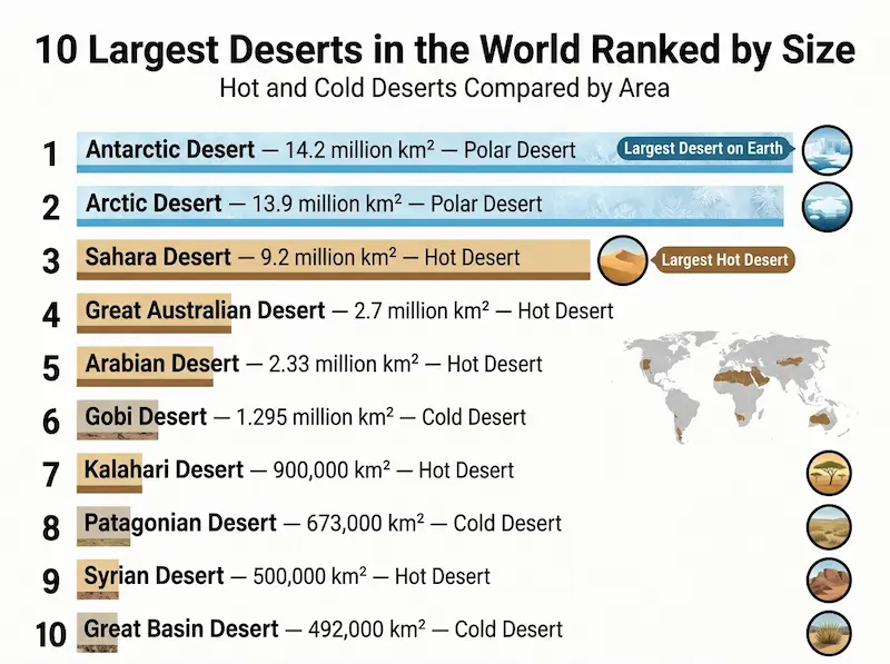 Infographic showing the 10 largest deserts in the world ranked by size including antarctica and sahara desert