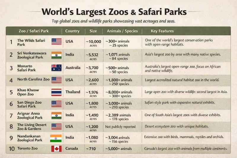 Biggest Zoo In The World: Area Vs Animals (2026 Guide) Infographic of largest zoos in the world