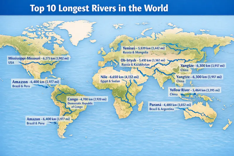 Labeled world map highlighting the top 10 longest rivers and their global locations