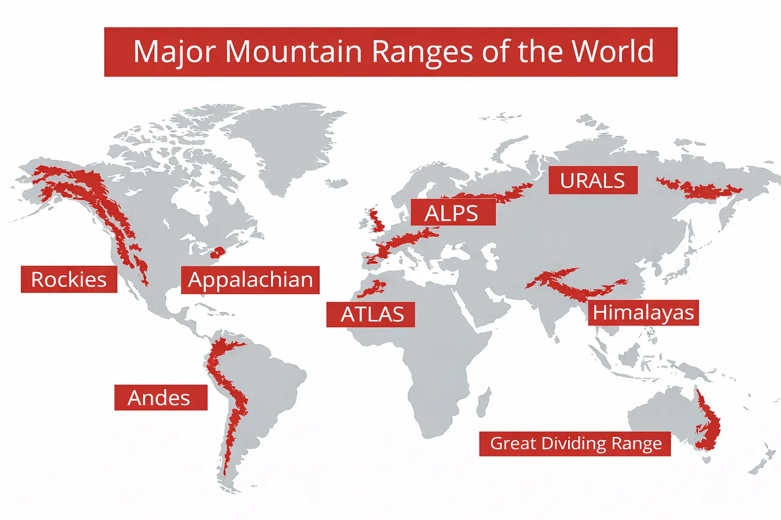 Major Mountain Ranges Of The World (With Map &Amp; List) Major mountain ranges of the world map labeled with rockies, andes, himalayas, alps and urals