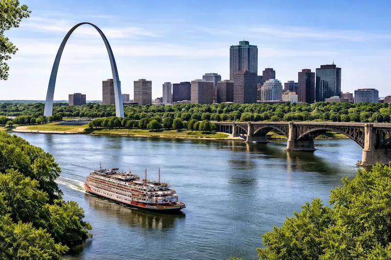 The mississippi river flowing through st. Louis with the gateway arch and lush green riverbanks