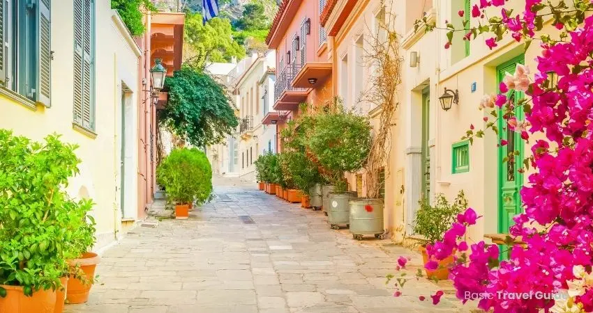 Scenic view of plaka in athens with colorful houses and cobblestone streets