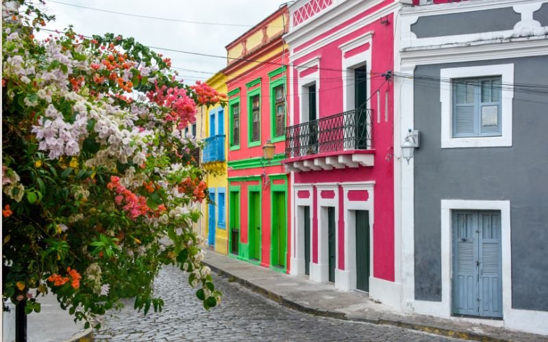 Historic streets and colorful buildings in recife and olinda brazil