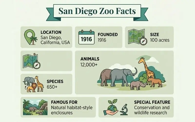 San diego zoo facts infographic showing size, history, animals, location and conservation overview