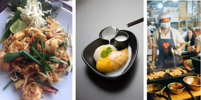 Thai street food including pad thai, mango sticky rice, and night markets