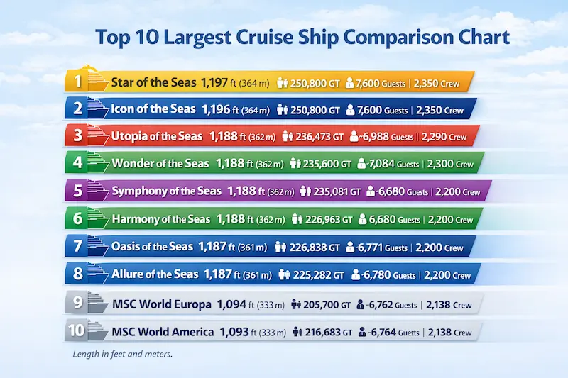 Top 10 Largest Cruise Ships In The World With Size Comparison And Chart Comparison chart of the top 10 largest cruise ships with color-coded bars displaying length, tonnage, guest capacity, and crew.