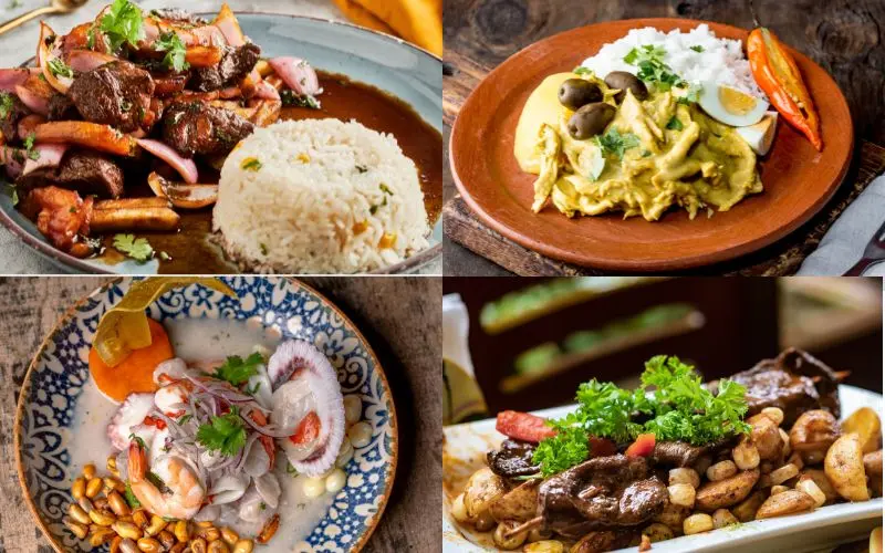 Traditional peruvian dishes including aji de gallina and lomo saltado