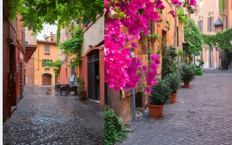 Colorful streets and traditional buildings in trastevere rome neighborhood