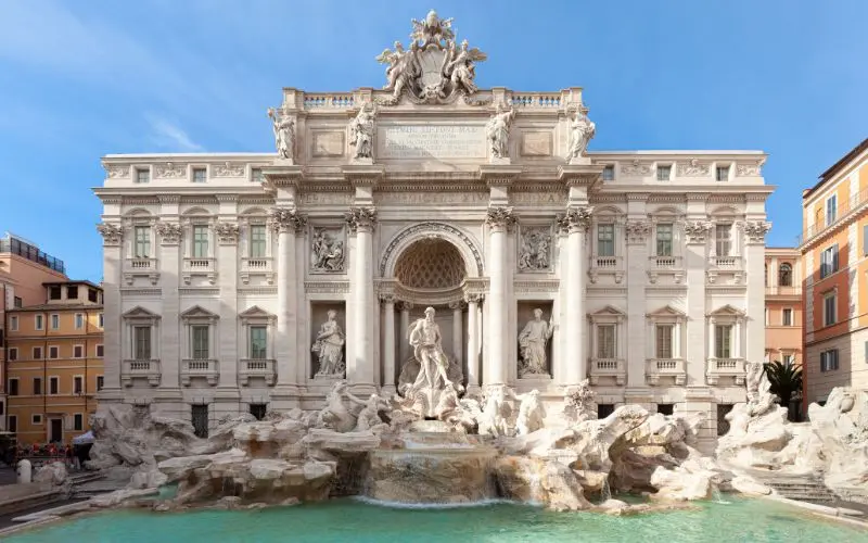 Trevi fountain with baroque sculptures in rome italy