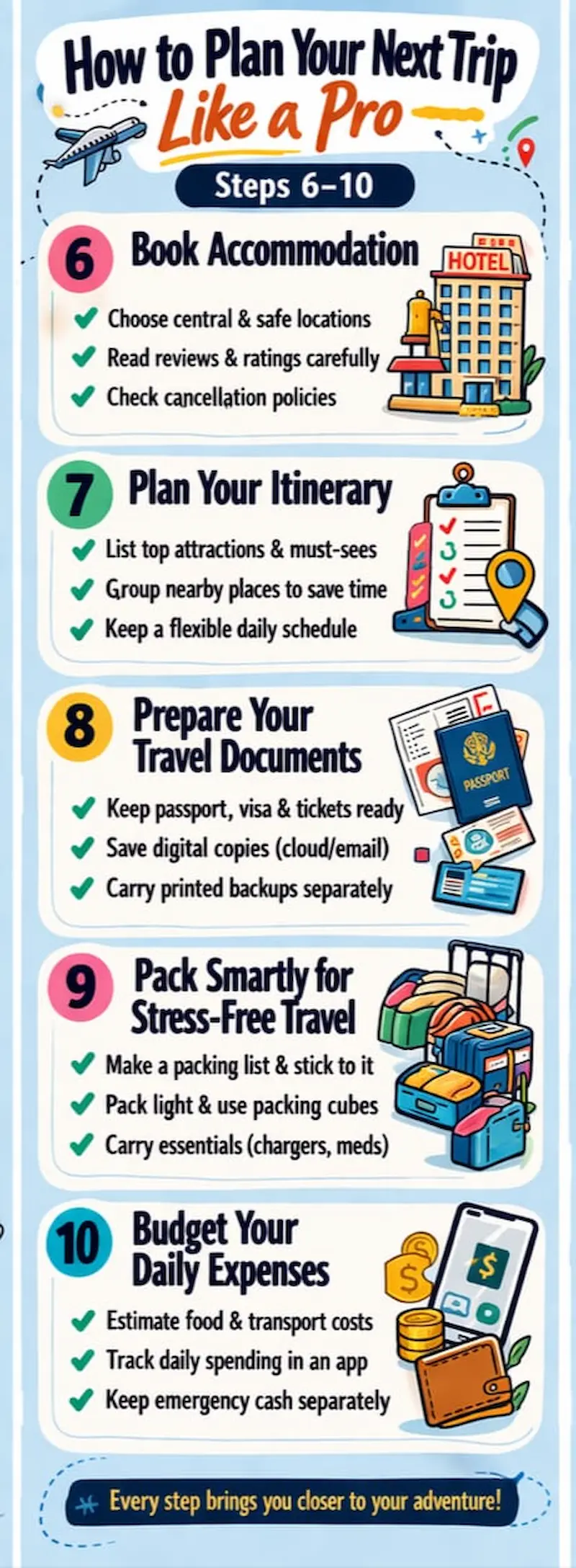 How To Plan Your Next Trip Like A Pro — Step-By-Step Guide Trip planning checklist infographic steps 6 to 10
