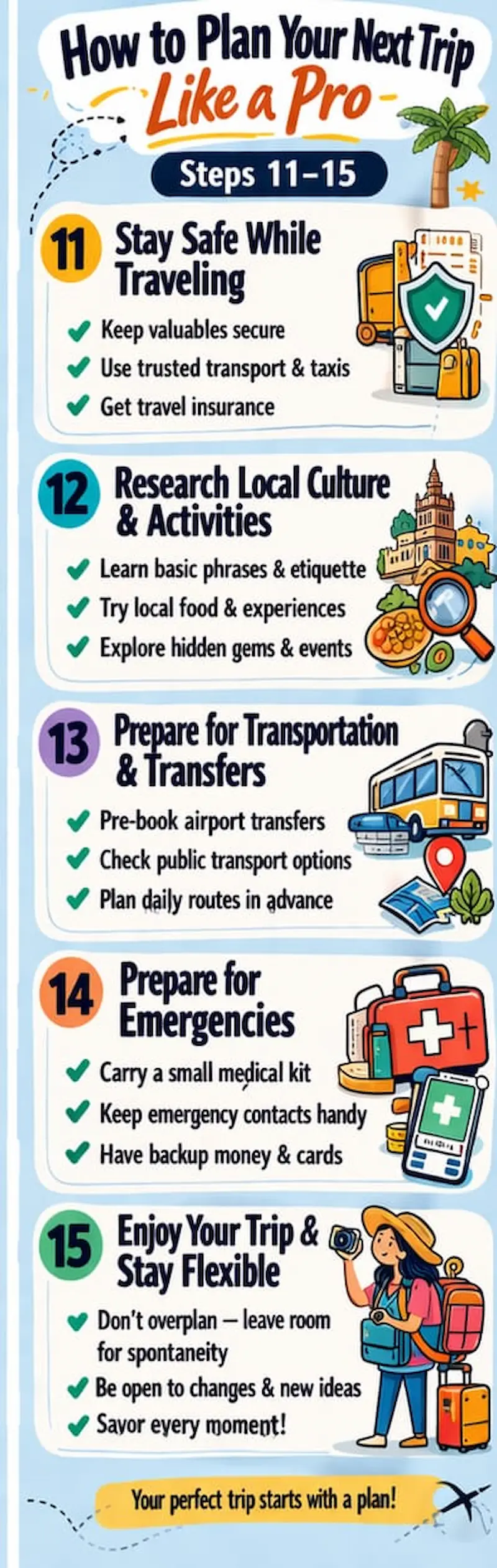 How To Plan Your Next Trip Like A Pro — Step-By-Step Guide Travel tips infographic steps 11 to 15