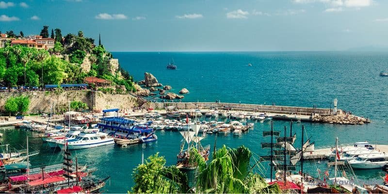 Traditional boats on clear blue sea in turkey