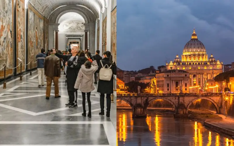 Vatican museums displaying historic artwork and st. Peter’s basilica with its iconic dome in vatican city near rome